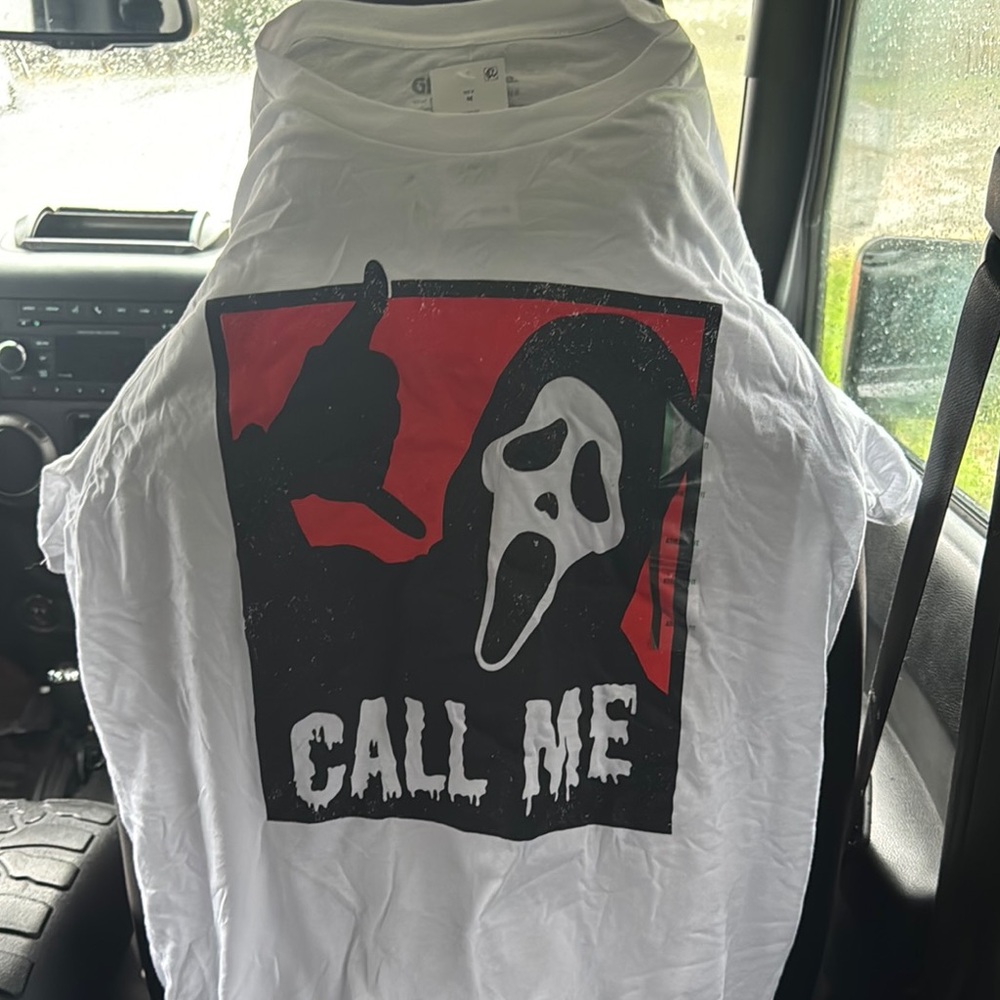 White Tee with Scream Graphic and Call Me Text